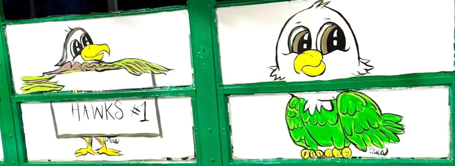 Hawks school mascot window painting